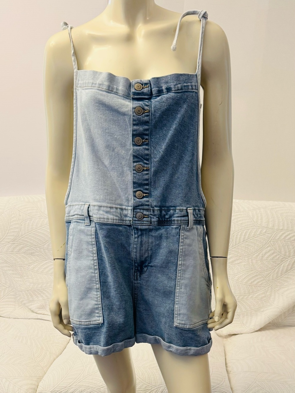 Celebrity Pink Two-Tone Light and Medium Blue Denim Overalls Romper